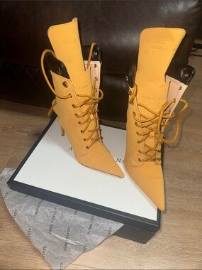 Azalea Wang Yellow Pointed-Toe Lace-Up Stiletto Boots